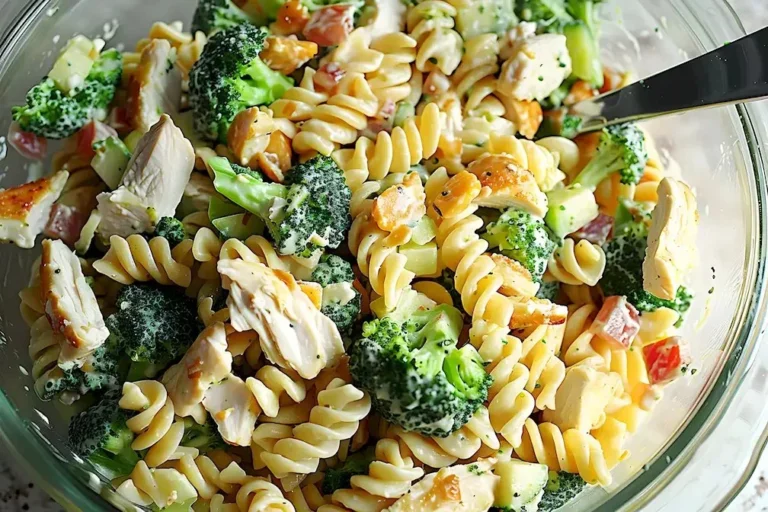 Hühnchen-Brokkoli-Pasta-Salat in einer Schüssel mit frischen Zutaten
