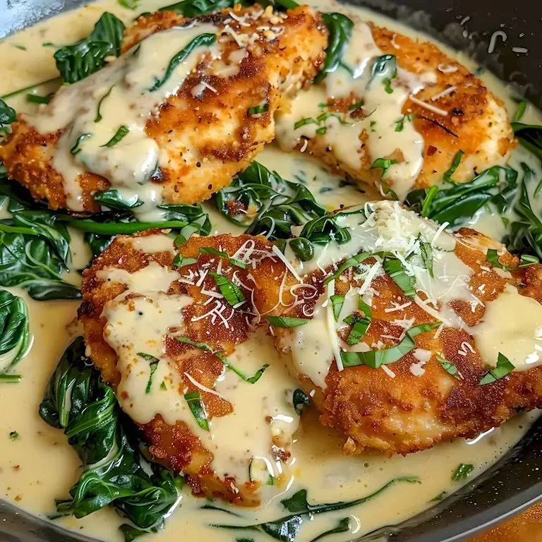 Hühnchen Florentin mit Spinat und cremiger Sauce auf einem Teller angerichtet