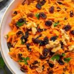 Bunter Karotten-Rosinen-Salat mit frischen Zutaten auf einem Teller angerichtet.