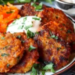 Leckere Kartoffelreiche Kohl- und Karotten-Patties auf einem Teller