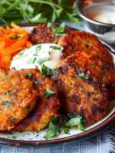 Leckere Kartoffelreiche Kohl- und Karotten-Patties auf einem Teller