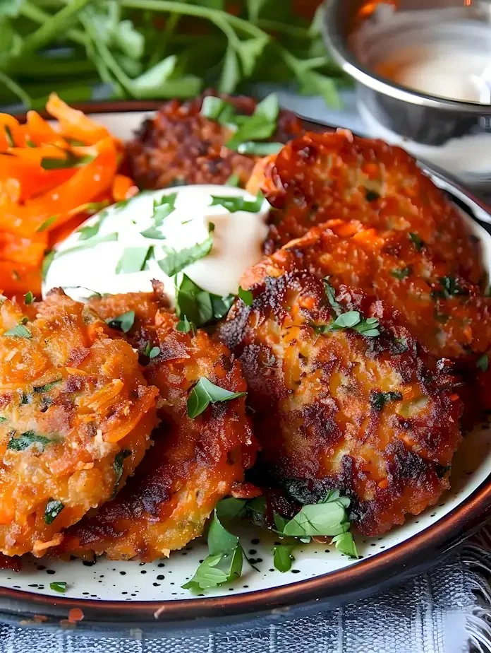 Leckere Kartoffelreiche Kohl- und Karotten-Patties auf einem Teller