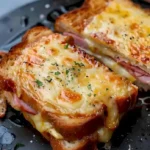 Käse-Schinken-Ei-Toast auf einem Teller, serviert mit frischem Salat