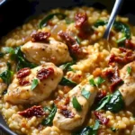 Klassisches Hähnchen-Risotto mit sonnengetrockneten Tomaten und Spinat auf einem Teller