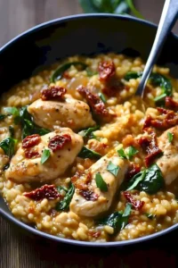 Klassisches Hähnchen-Risotto mit sonnengetrockneten Tomaten und Spinat auf einem Teller