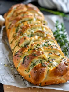Frisch gebackenes Knoblauch-Kräuter-Brot auf einem Holzbrett