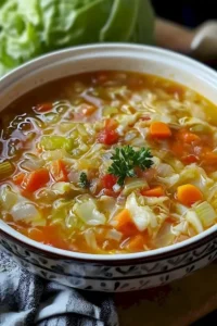 Schüssel mit leckerer Kohlsuppe, gesund und nahrhaft.