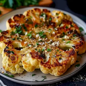 Kraftvolles Knoblauch Blumenkohl-Steak auf einem Teller serviert.