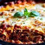 Schnelle und reichhaltige Lasagne auf einem Teller serviert.