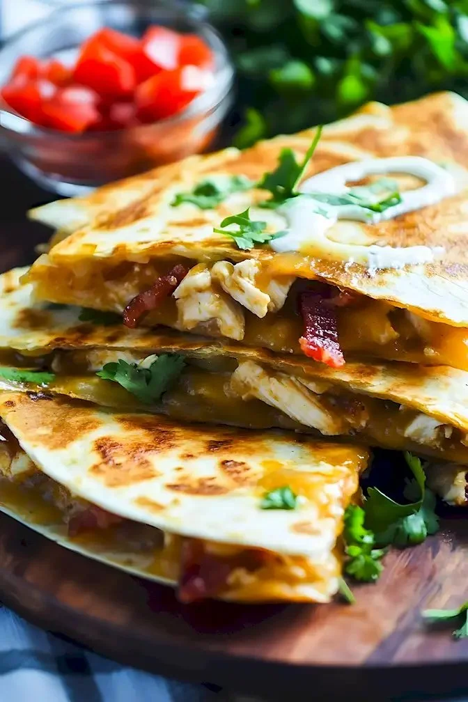 Leckere Chicken Quesadillas mit Bacon und Ranch auf einem Teller.