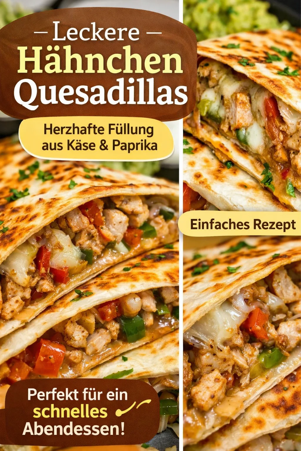 Leckere Hähnchen Quesadillas: Schnell und einfach zubereitet! - Hast du Lust auf ein schnelles und köstliches Abendessen? Diese Hähnchen Quesadillas sind außen knusprig und innen saftig - perfekt für die ganze Familie! Mit frischem Gemüse, würzigen Chipotles und leckerem Käse, wird dieses Rezept nicht nur deinen Hunger stillen, sondern alle glücklich machen. Probiere es noch heute aus und teile deine Kreationen! #HähnchenQuesadillas #schnelleRezepte #leckeresEssen