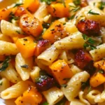 Pasta-Salat mit Butternut-Kürbis und Blumenkohl in einer schönen Schüssel.