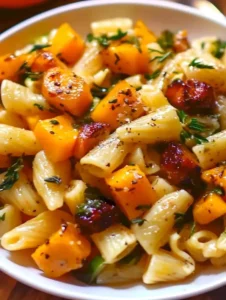 Pasta-Salat mit Butternut-Kürbis und Blumenkohl in einer schönen Schüssel.