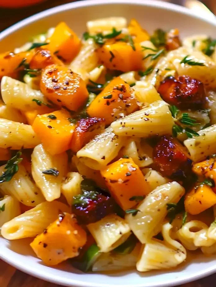 Pasta-Salat mit Butternut-Kürbis und Blumenkohl in einer schönen Schüssel.