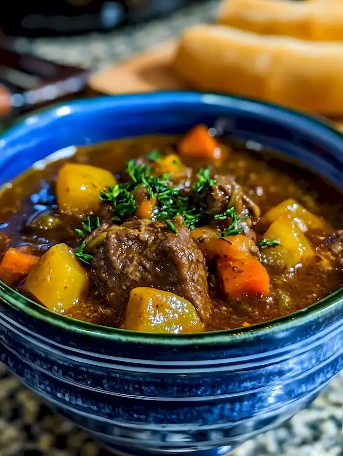 Bourbon-Rindereintopf serviert in einer Schüssel, garniert mit frischen Kräutern
