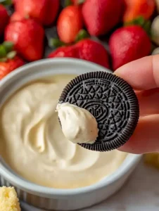 Leckeres Cheesecake-Fondue mit frischen Früchten und Schokolade.