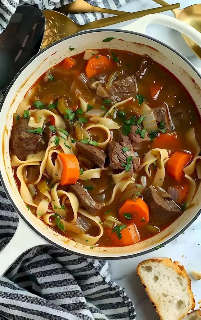 Schüssel mit Rindfleisch-Nudelsuppe, dampfend und lecker angerichtet.