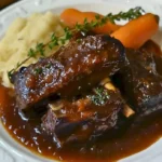 Zarte Rindfleisch-Rippchen in aromatischer roter Weinsoße präsentieren sich elegant auf dem Teller.