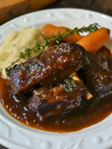 Zarte Rindfleisch-Rippchen in aromatischer roter Weinsoße präsentieren sich elegant auf dem Teller.
