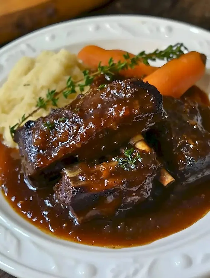 Zarte Rindfleisch-Rippchen in aromatischer roter Weinsoße präsentieren sich elegant auf dem Teller.