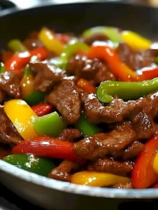 Rindfleisch und Paprika Pfannengericht in einer Pfanne