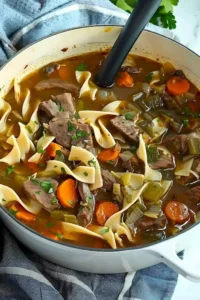 Rindfleischnudelsuppe in einer Schüssel, garniert mit frischen Kräutern.