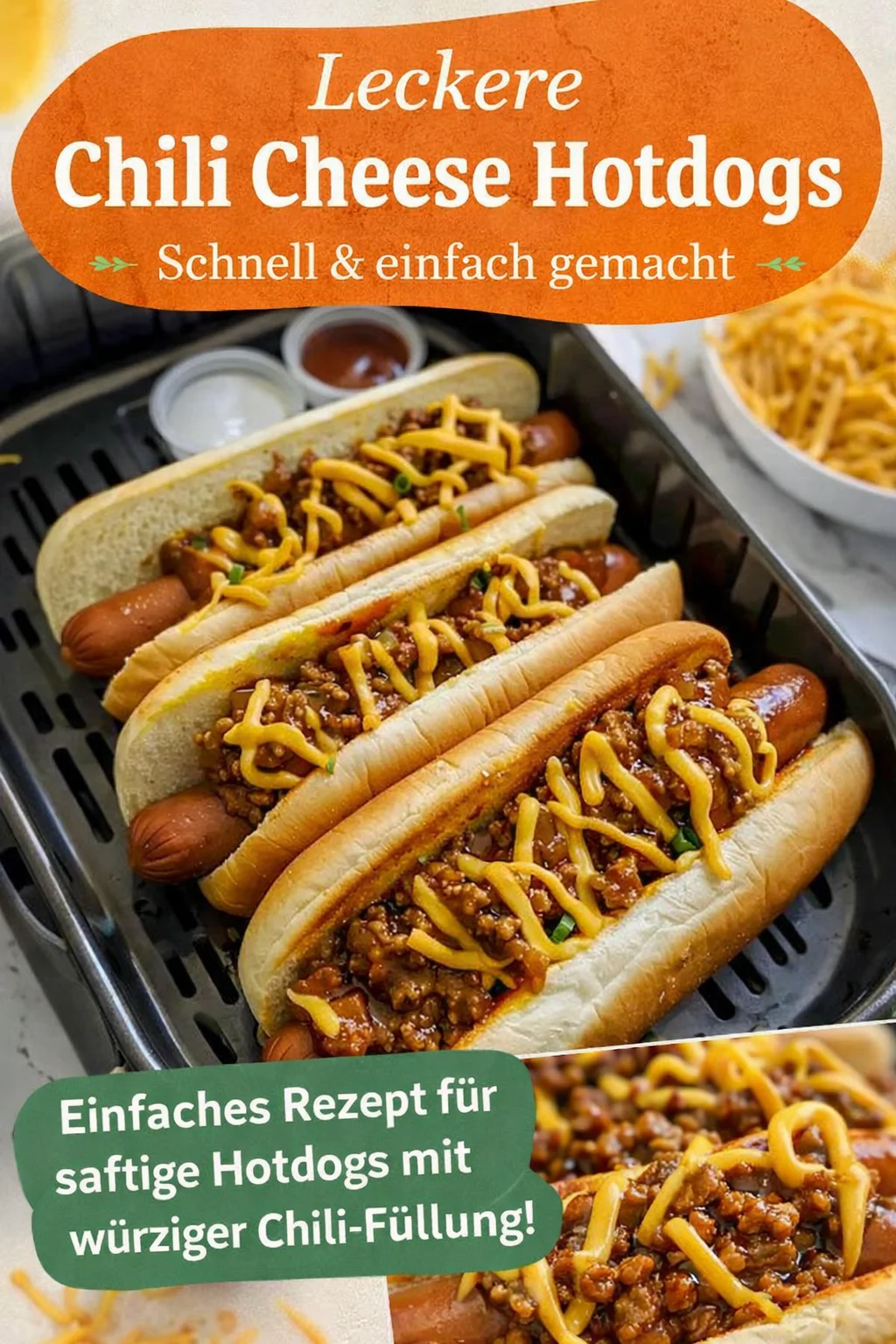 Schmackhafte Chili Dogs aus dem Airfryer – Schnell & Lecker! - Hast du Lust auf ein herzhafter Snack, der im Handumdrehen zubereitet ist? Diese Chili Dogs aus dem Airfryer sind die perfekte Lösung! Mit einem würzigen Chili aus Rinderhack, köstlichen Hot Dogs und getoasteten Brötchen sind sie ein echtes Geschmackserlebnis. Probiere es aus und bringe deine Freunde beim nächsten Grillabend zum Staunen! Lass dir diese Leckerei nicht entgehen und klicke auf das Rezept! #ChiliDogs #AirfryerRezepte #SchnelleGerichte