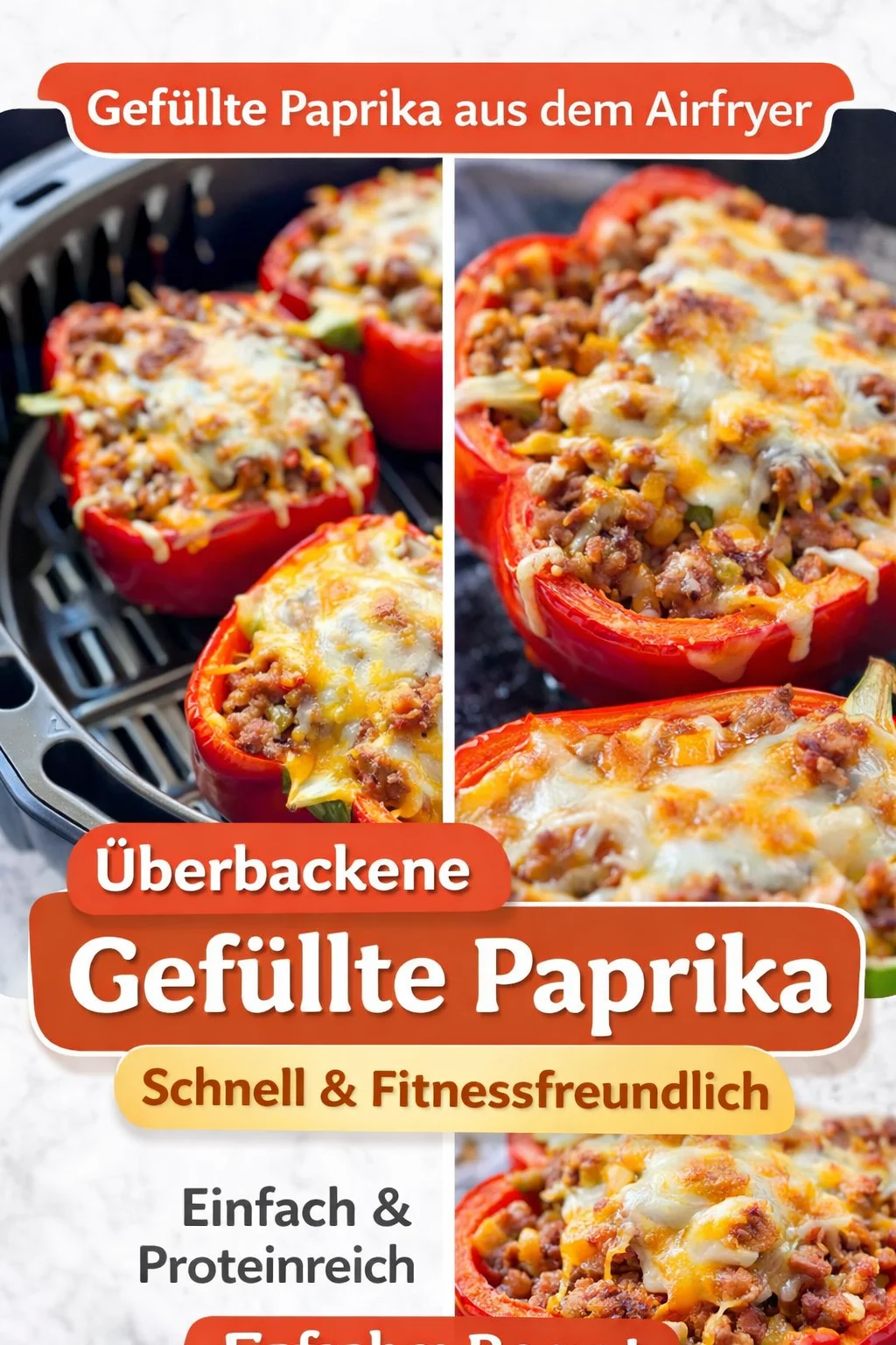 Schnelle gefüllte Paprika aus dem Airfryer für ein leckeres Abendessen - Verwandle dein Abendessen in ein Festmahl mit diesen köstlichen gefüllten Paprika aus dem Airfryer! Sie sind nicht nur einfach zuzubereiten, sondern auch gesund und voller Geschmack. Hole dir das Rezept und überrasche deine Familie mit dieser schnellen, herzhaften Mahlzeit. Guten Appetit! #GefülltePaprika #AirfryerRezepte #SchnelleGerichte