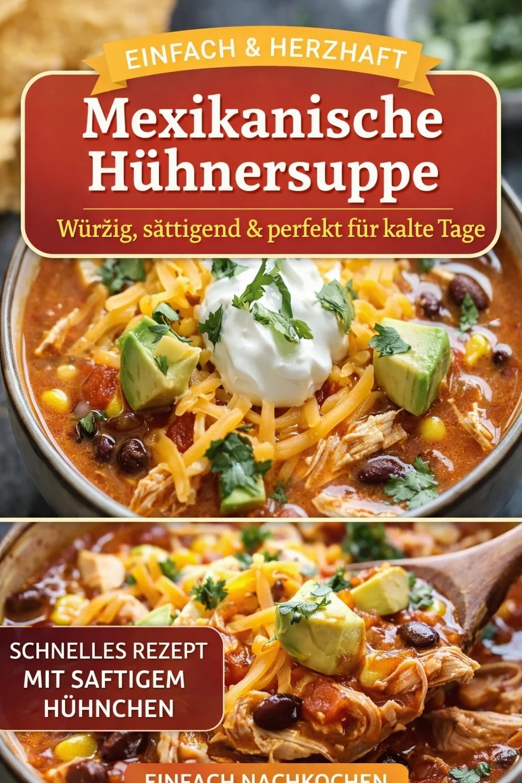 Schnelle Hühnchen Suppe im Enchilada-Stil für kalte Tage - Entdecke unsere köstliche Hühnchen Suppe im Enchilada-Stil! Dieses einfache Rezept ist perfekt für gemütliche Abende und liefert dir die notwendigen Wärmewohlfühlmomente. Bereite dir diese gesunde und leckere Suppe schnell im Slow Cooker zu und genieße sie mit deinen liebsten Toppings. Probiere es aus und lass dich von dem Geschmack überraschen! Teile deine Erfahrungen mit uns! #HühnchenSuppe #Enchilada #GesundeRezepte