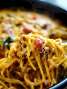 Leckeres Taco-Spaghetti-Gericht mit Käse auf einem Teller