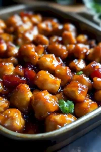 Leckeres überbackenes Süß-Sauer-Hühnchen mit buntem Gemüse