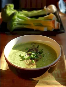 Leckere Brokkolisuppe mit geräuchertem Tofu serviert in einer Schüssel