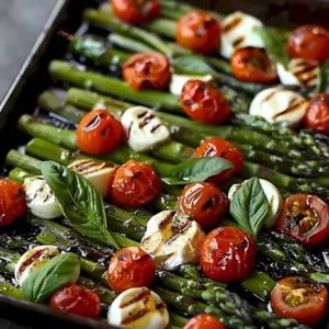Leckeres Caprese Spargel-Gericht mit Mozzarella und Tomaten auf einem Teller