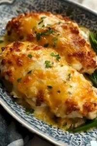 Saftiges Käse-Ranch-Hähnchen mit verlockender Käsekruste auf einem Teller.