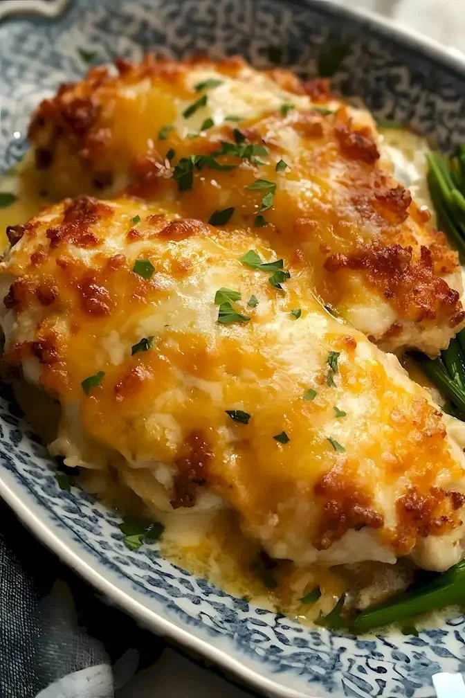 Saftiges Käse-Ranch-Hähnchen mit verlockender Käsekruste auf einem Teller.