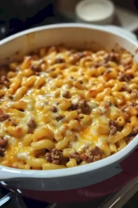 Leckeres Taco-Mac-Gericht mit Käse und Tacoschichten.