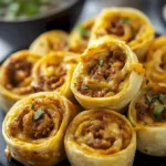 Leckere Taco-Pinwheels auf einem Teller, perfekt für Partys und Snacks