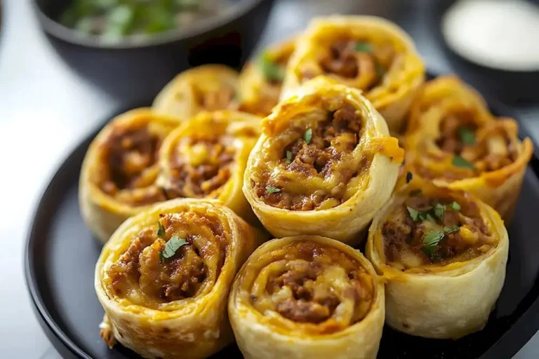 Leckere Taco-Pinwheels auf einem Teller, perfekt für Partys und Snacks