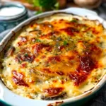 Hühnchen Pilzgratin auf einem Teller, garniert mit frischen Kräutern