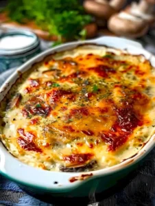 Hühnchen Pilzgratin auf einem Teller, garniert mit frischen Kräutern