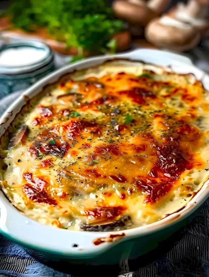 Hühnchen Pilzgratin auf einem Teller, garniert mit frischen Kräutern