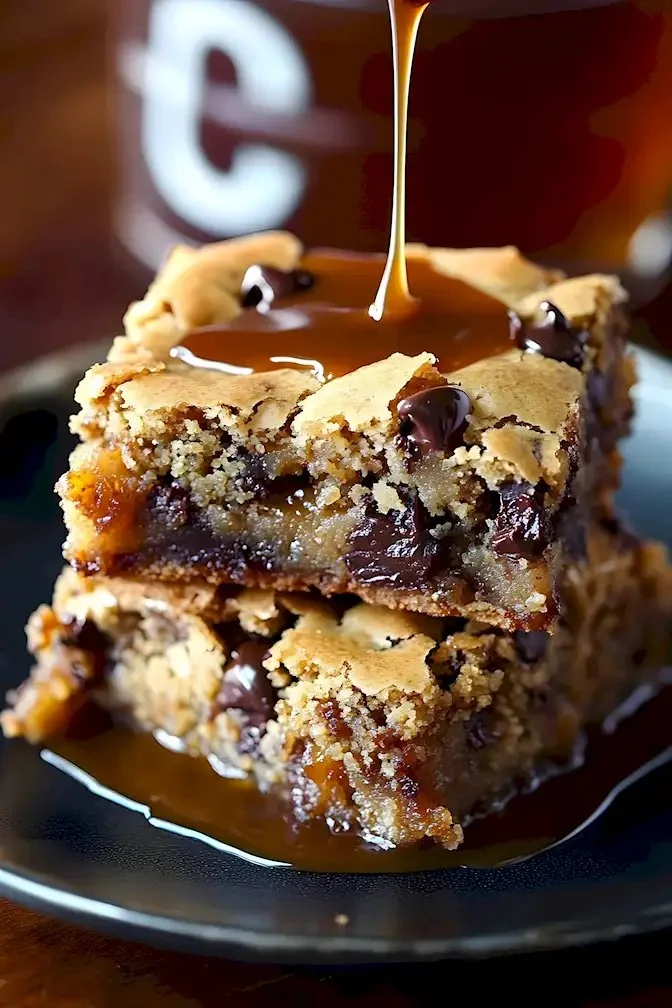 Blondies mit Karamell-Bourbon-Sauce auf einem Teller