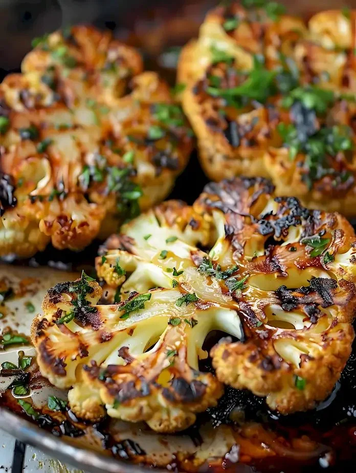 Gegrilltes Blumenkohlsteak serviert mit frischen Kräutern