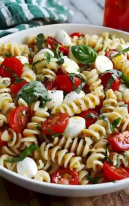 Ein köstlicher Caprese-Pasta-Salat mit frischen Zutaten und leckerem Dressing.