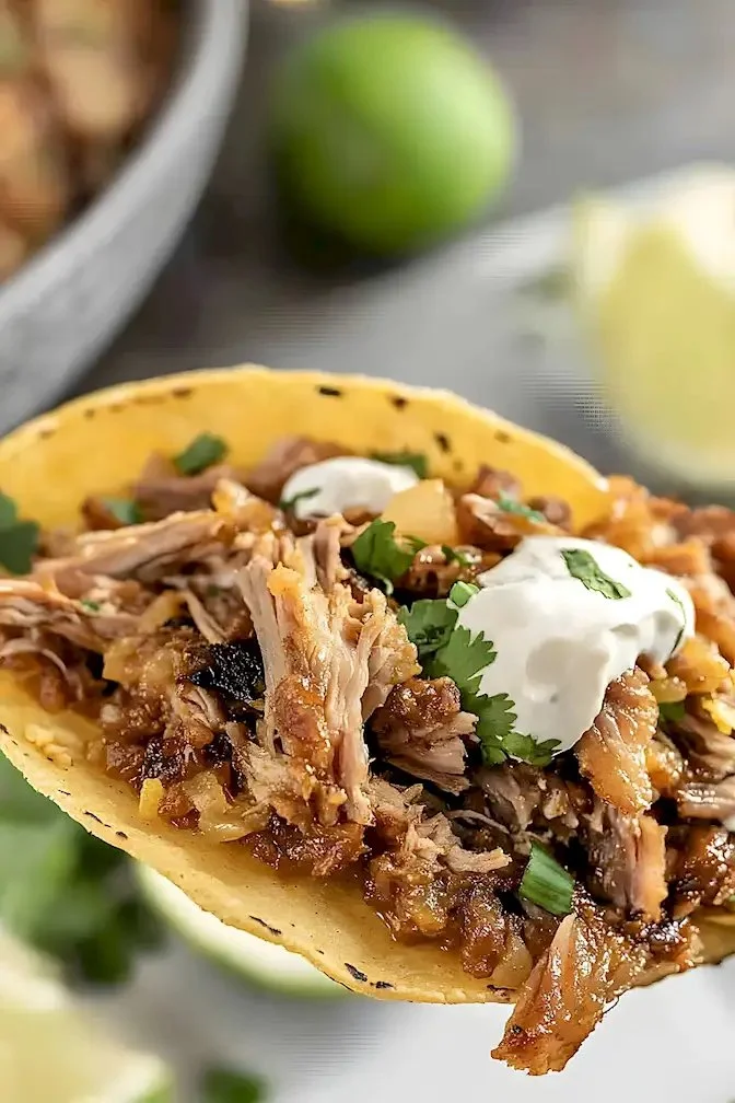 Zart zubereitete Carnitas mit frischen Zutaten und Gewürzen
