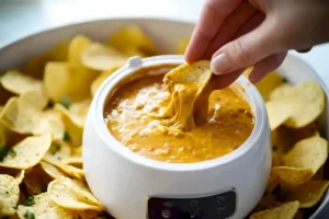 Schüssel mit frisch zubereitetem Chili Käse Dip, ideal für Party-Snacks