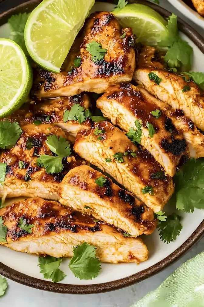 Gegrilltes Chili-Limetten-Hühnchen mit frischen Kräutern serviert