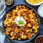 Leckeres Chili-Mac Gericht mit würzigem Chili und cremigen Macaroni.