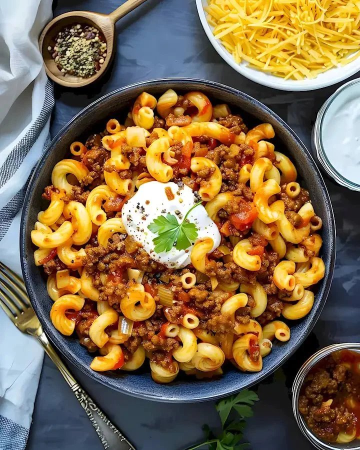 Leckeres Chili-Mac Gericht mit würzigem Chili und cremigen Macaroni.