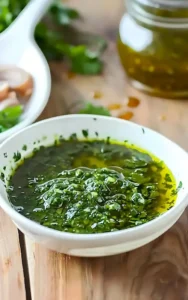 Frische Chimichurri-Sauce in einer Schüssel mit Kräutern und Gewürzen.